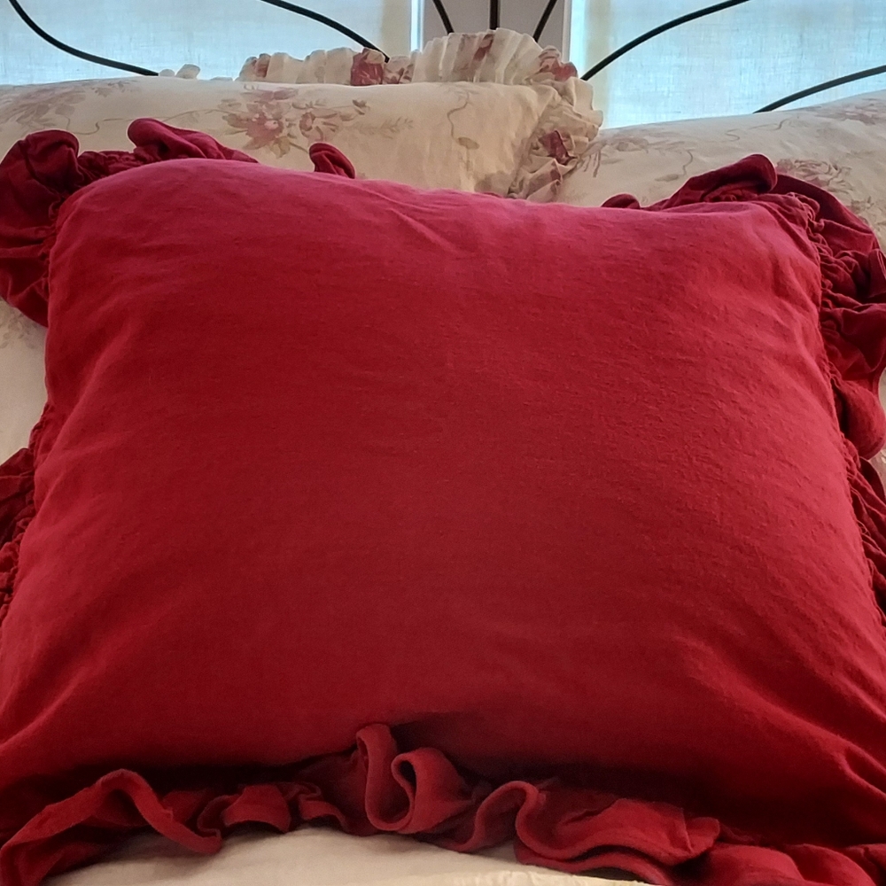 Ralph Lauren Deep Red Ruffled Euro Sham Summer Cottage Christmas Holiday